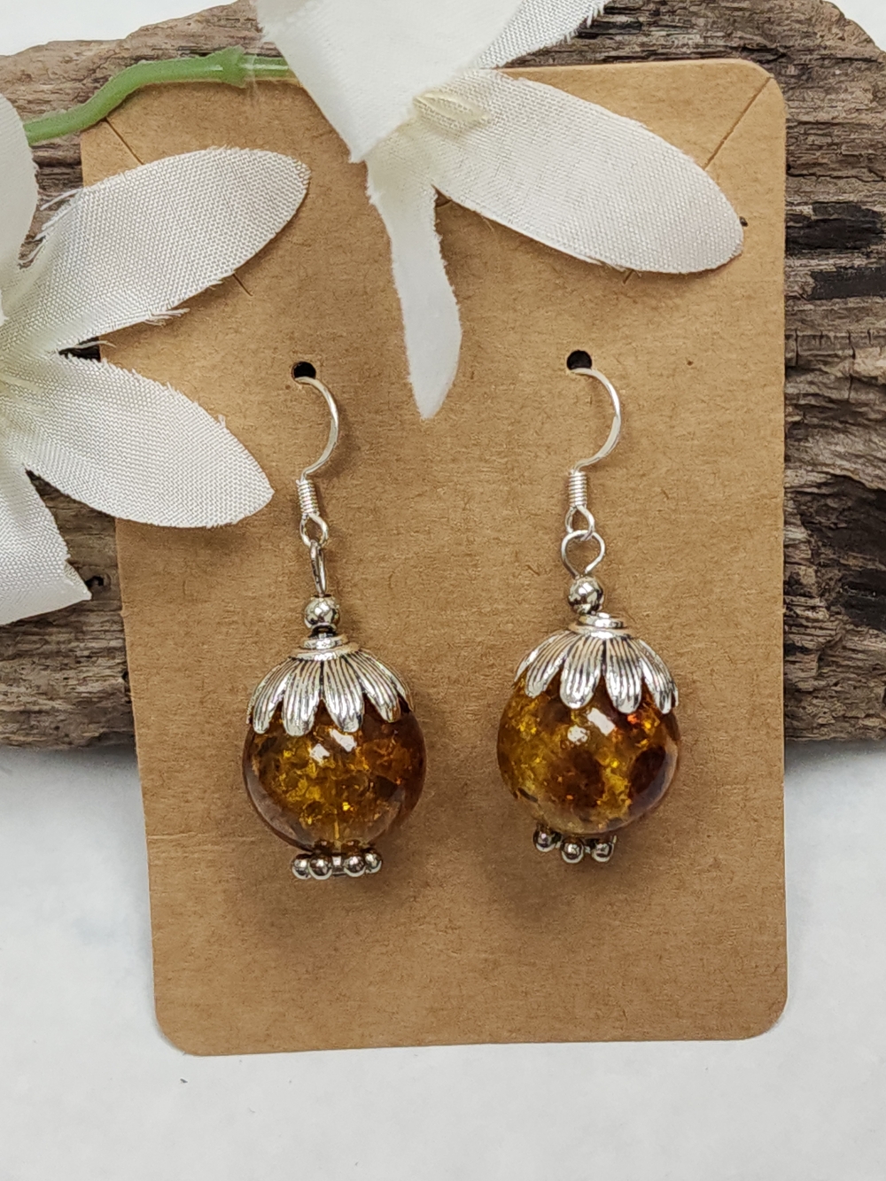Hand Crafted Amber Dangle Drop Earrings with Silver Toned Accents